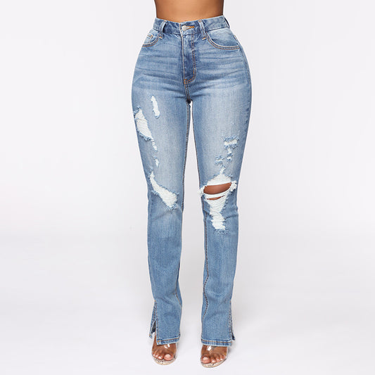 Casual Ripped Hem Split Stretchy Jeans