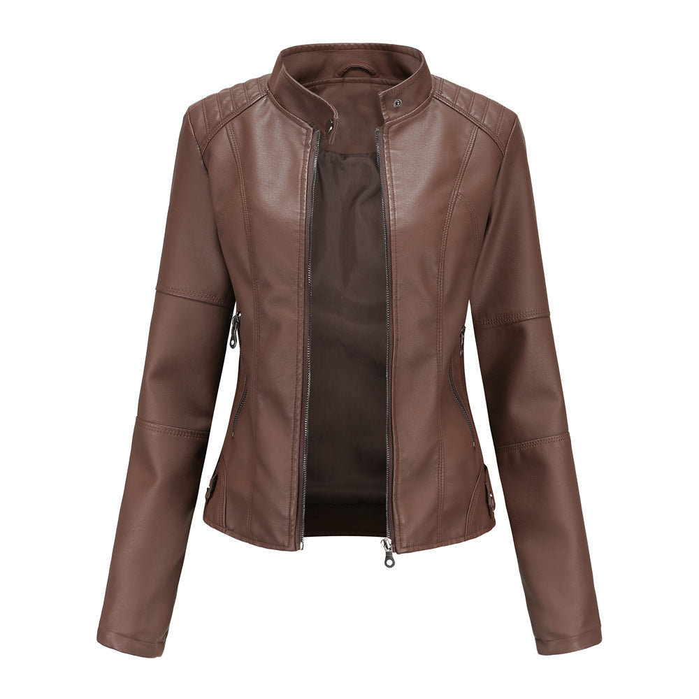 Stand Collar Zipper Leather Jacket Coat