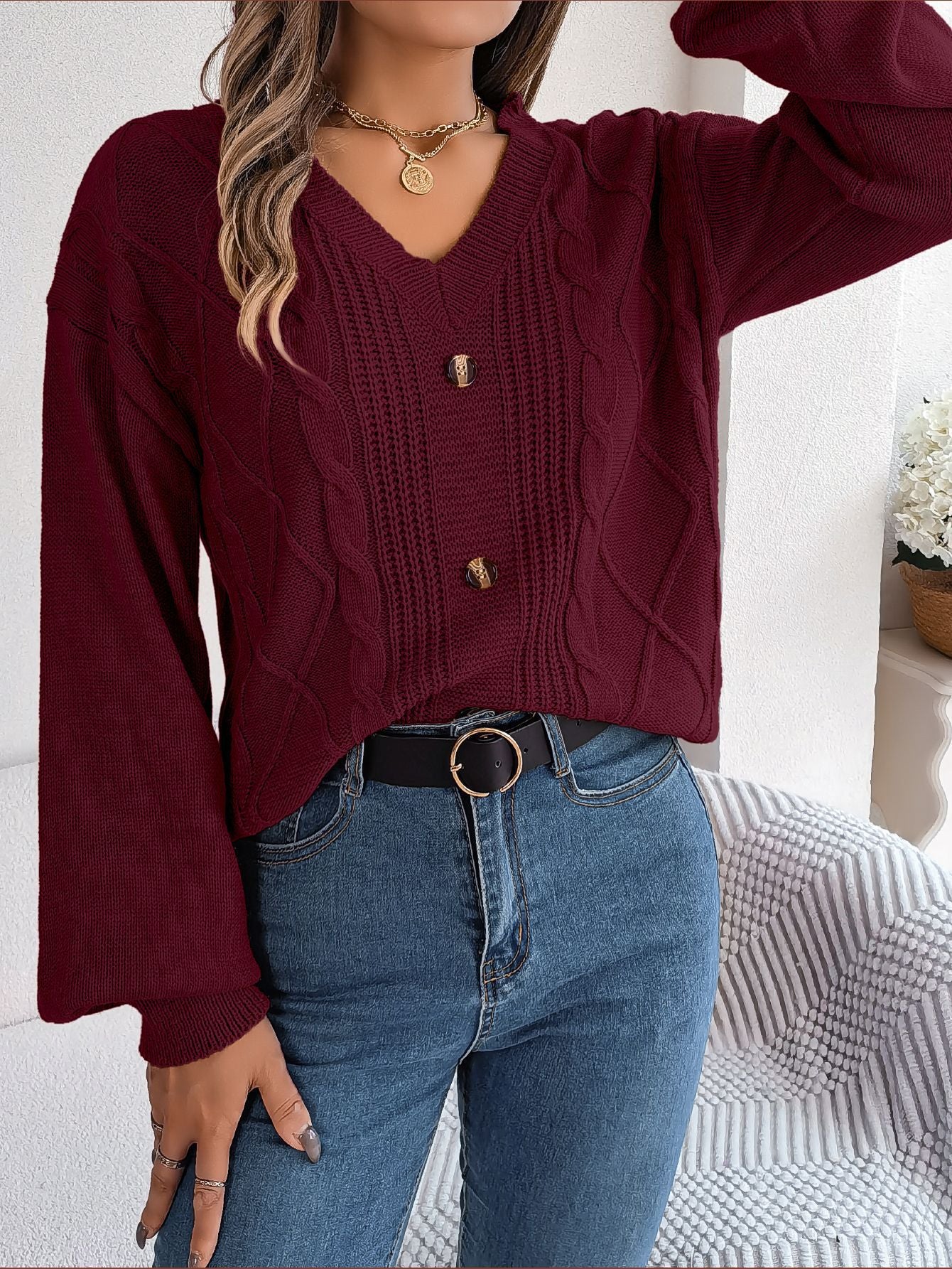 Button Twist Knit Lantern Sleeve Pullover Sweater