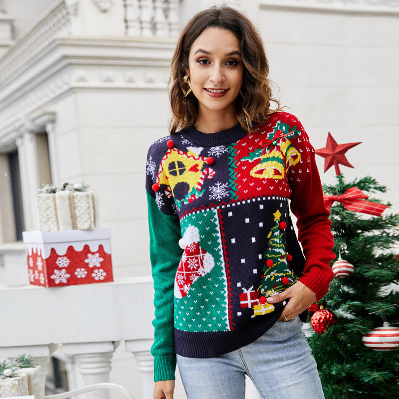 Pull tricoté en forme de flocon de neige avec cloches d'arbre de Noël