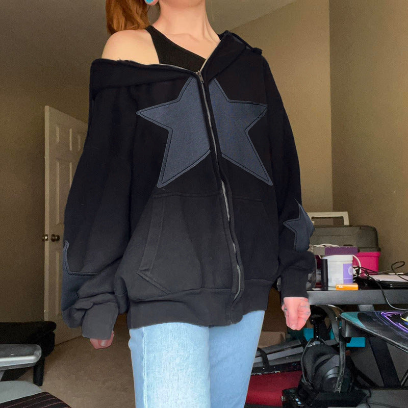 Star Patch Casual Zipper Hoodie