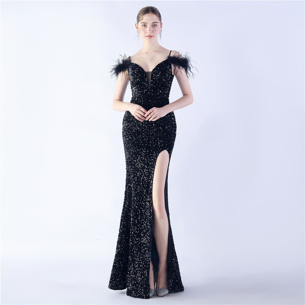 Crafted Feather High Density Sequined Long Dress