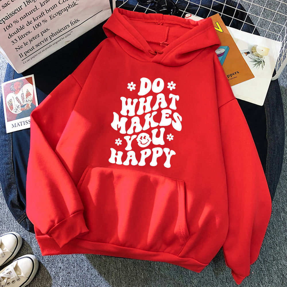 Lässiger Kapuzenpullover mit Aufdruck „Do What Makes You Happy“.