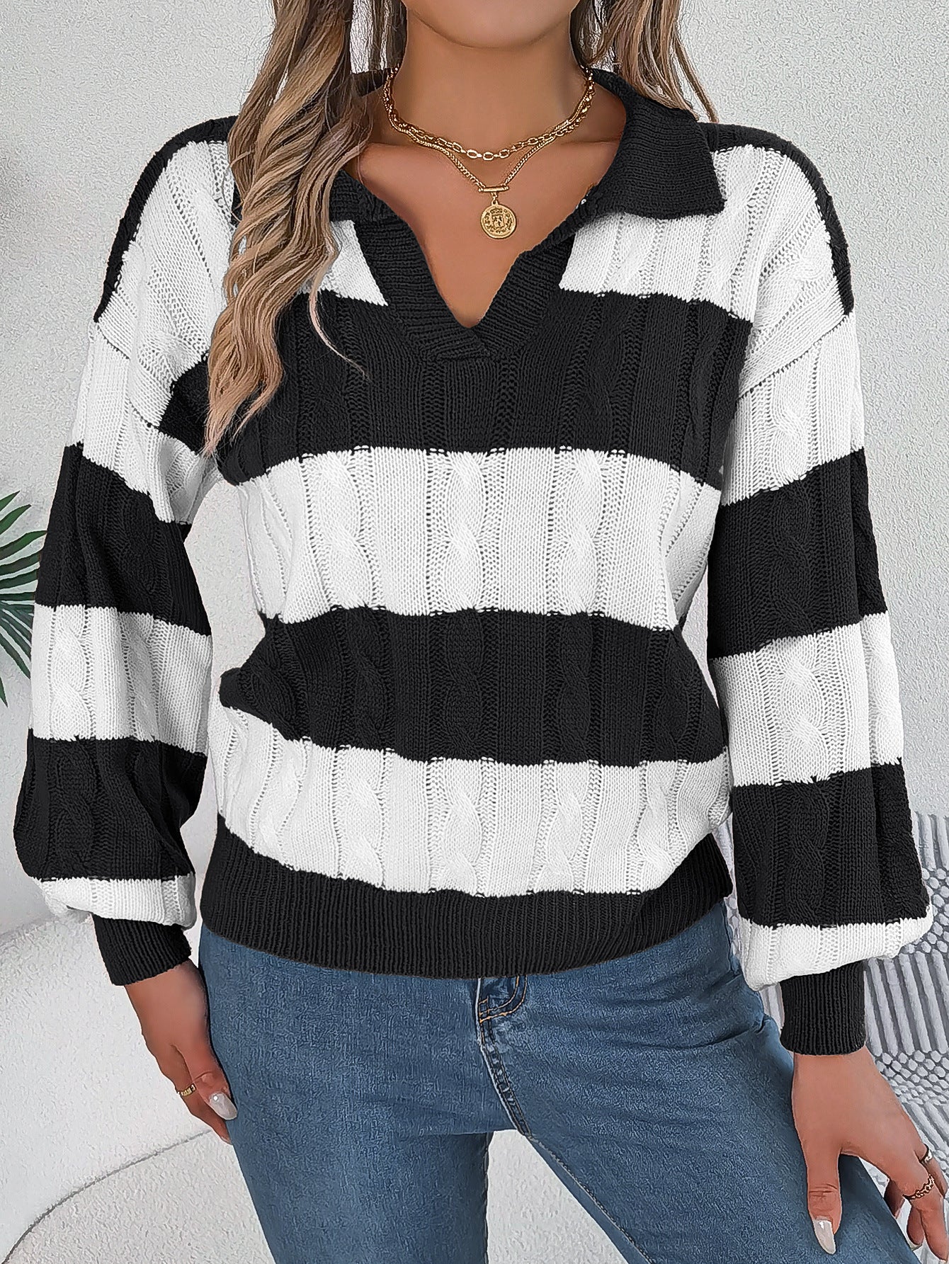 Winter Twist Lantern Striped Casual Pullover Sweater