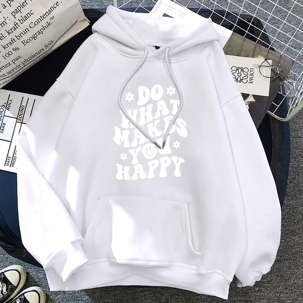 Lässiger Kapuzenpullover mit Aufdruck „Do What Makes You Happy“.