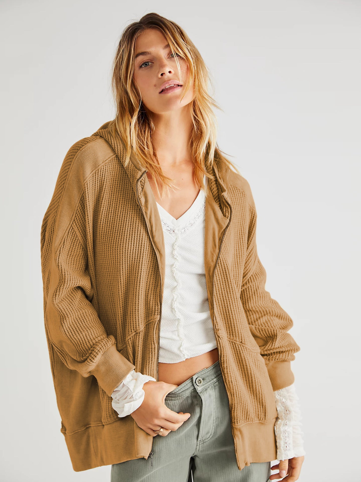 Long Zipper Open Front Cardigan Hoodie