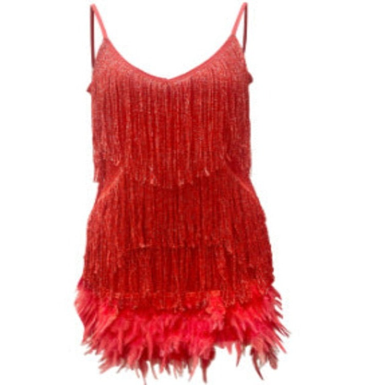 V Style Front Strap Feather Stitching Dress