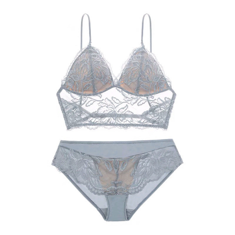 Ensemble soutien-gorge et culotte en dentelle brodée à fines bretelles fines