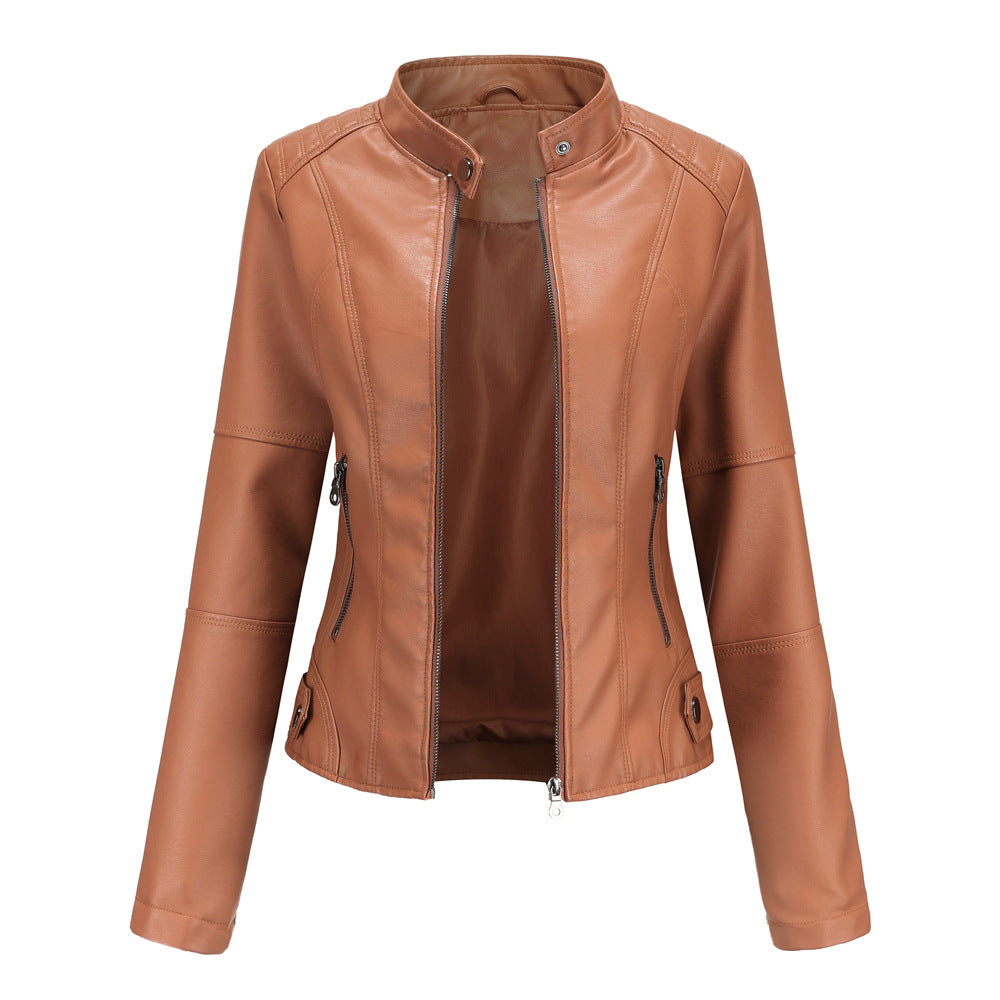 Stand Collar Zipper Leather Jacket Coat