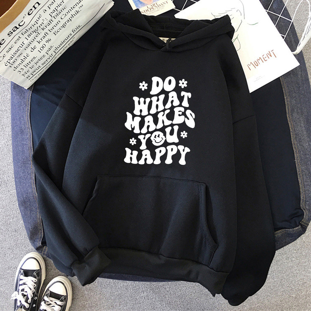 Lässiger Kapuzenpullover mit Aufdruck „Do What Makes You Happy“.