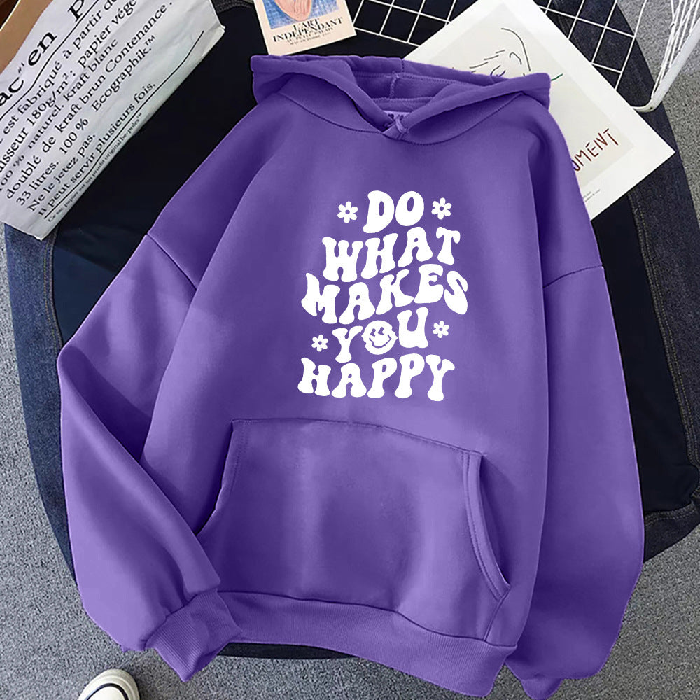 Lässiger Kapuzenpullover mit Aufdruck „Do What Makes You Happy“.