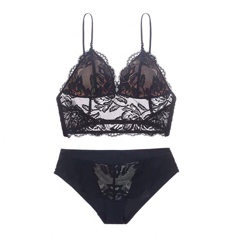 Ensemble soutien-gorge et culotte en dentelle brodée à fines bretelles fines