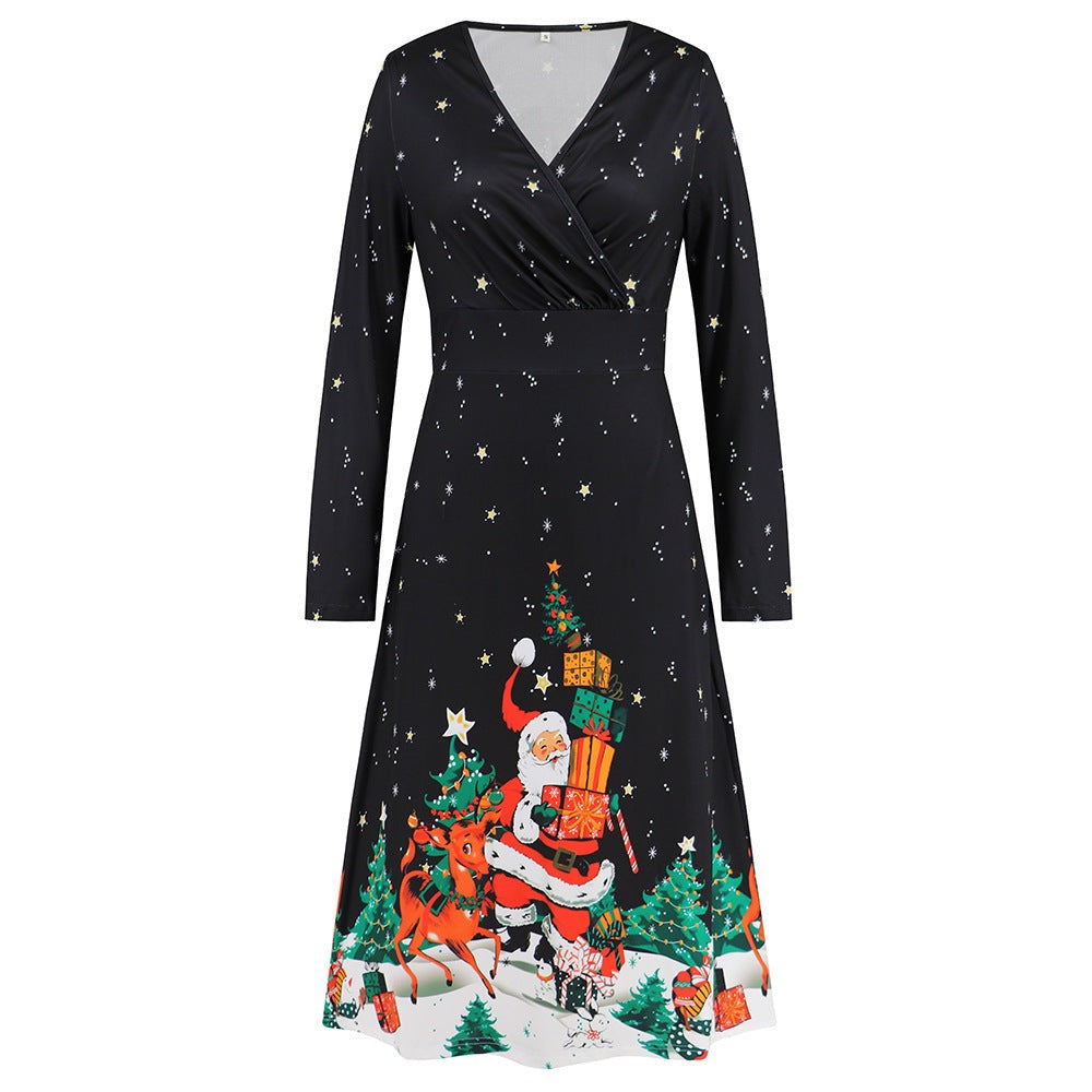 Long Sleeved Christmas Printed Party Play Maxi Dress