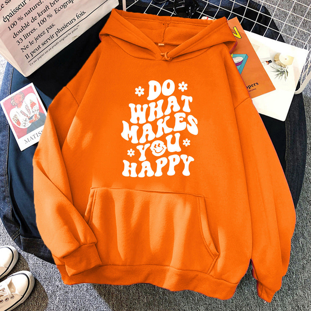 Lässiger Kapuzenpullover mit Aufdruck „Do What Makes You Happy“.