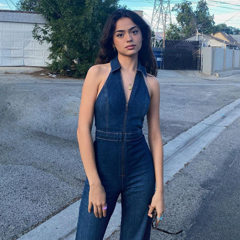Slim Fit Sleeveless Retro Denim Jumpsuit