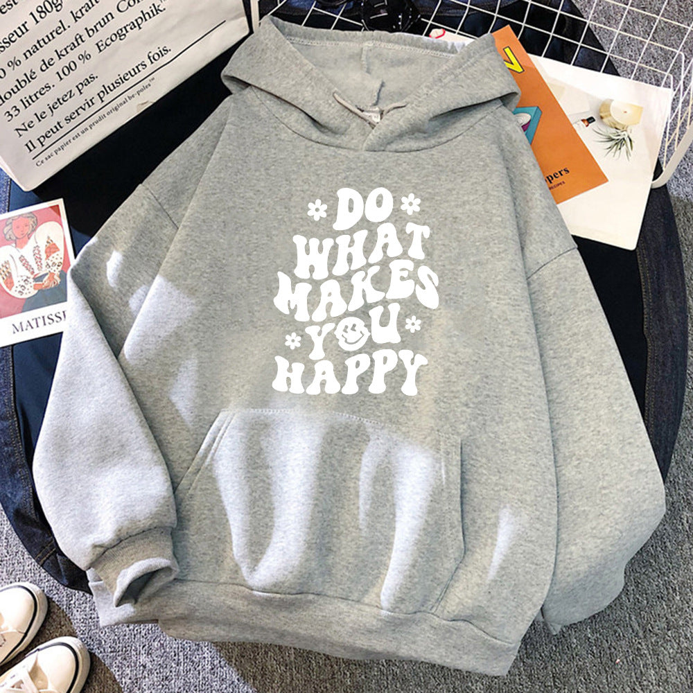 Lässiger Kapuzenpullover mit Aufdruck „Do What Makes You Happy“.