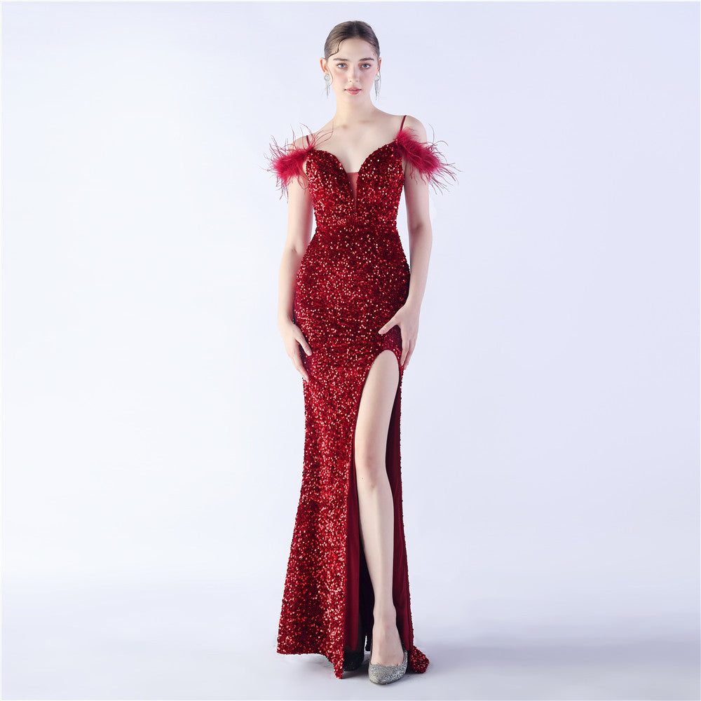 Crafted Feather High Density Sequined Long Dress