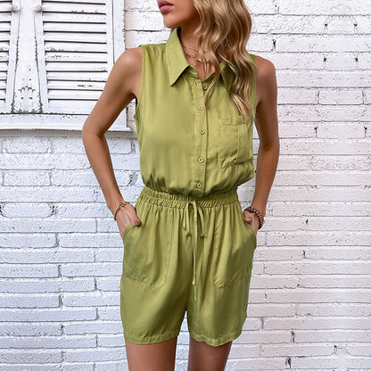 Pocket Collared Sleeveless Romper