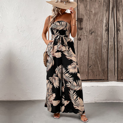 Strapless Sleeveless Tropical Printed Jumpsuit