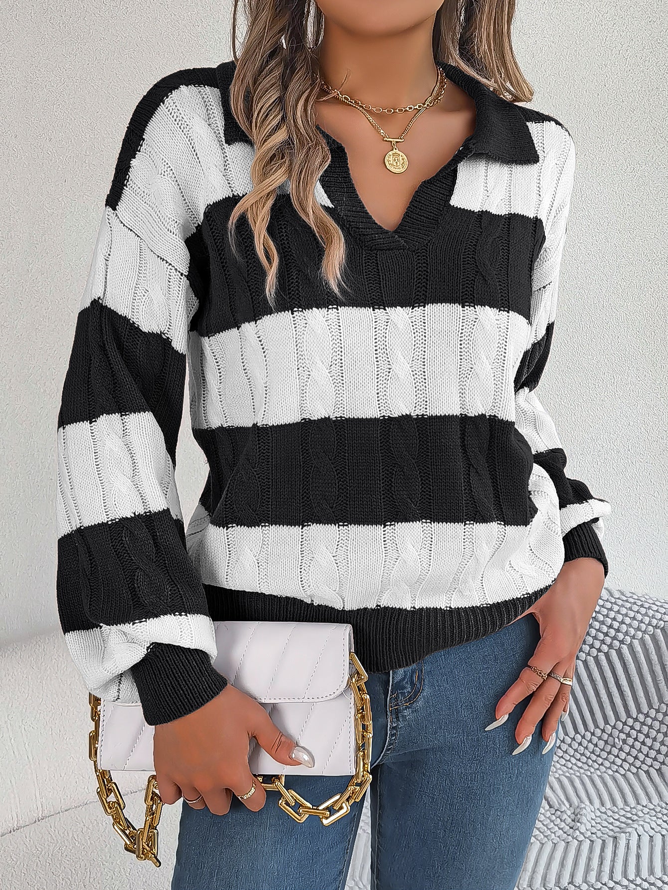 Winter Twist Lantern Striped Casual Pullover Sweater