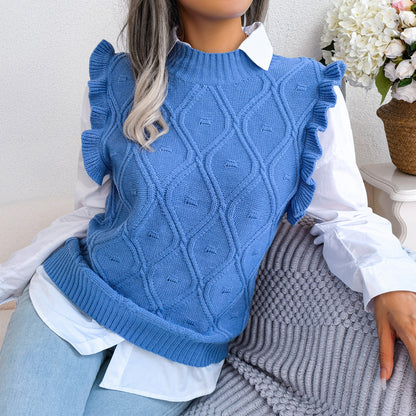 Winter Elegant Diamond Knitted Ruffle Sweater Vest