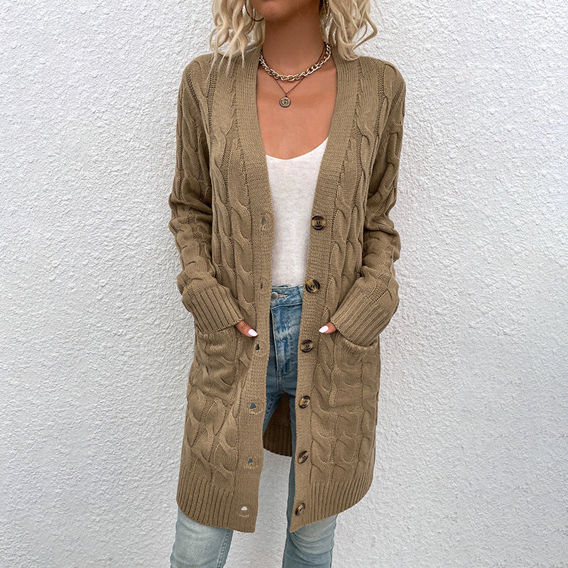 Casual Long Cable Knitted With Pockets Cardigan