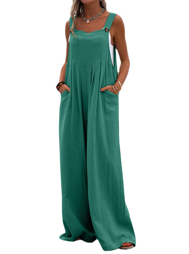 Ethnic Style Summer Solid Color Wide Leg Jumpsuit