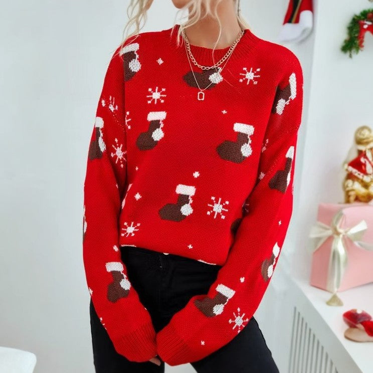 Weihnachtssocken-Hut-Muster-Strickpullover-Pullover