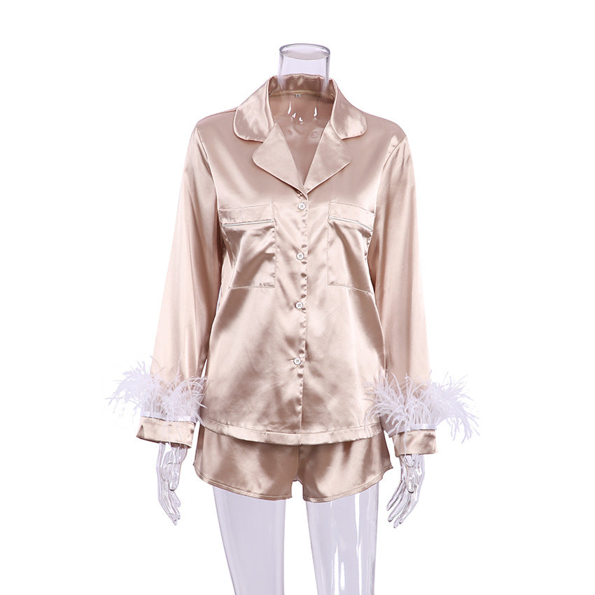 Artificial Silk Feather Detachable Long Sleeve Shorts Pajamas