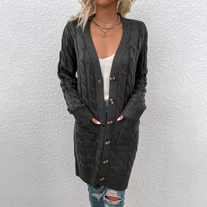 Casual Long Cable Knitted With Pockets Cardigan
