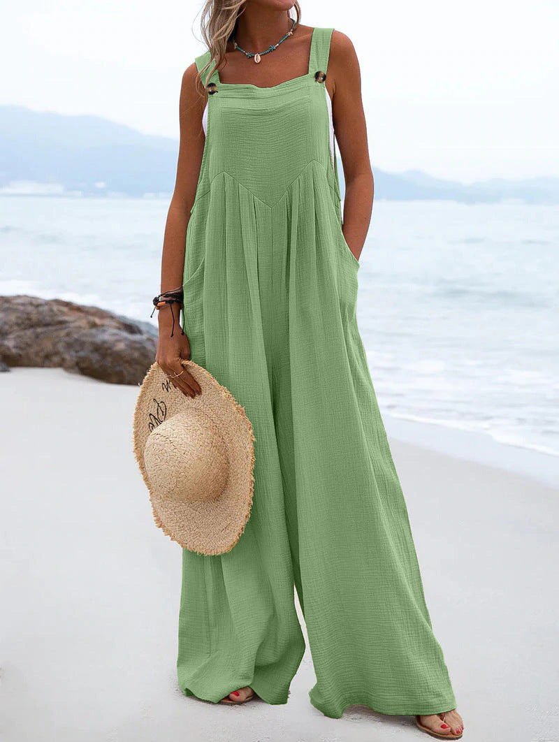 Ethnic Style Summer Solid Color Wide Leg Jumpsuit