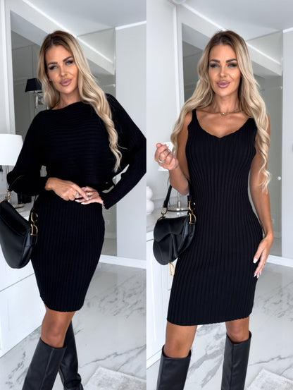 Sunken Striped Long Sleeve Suspender Skirt Dress