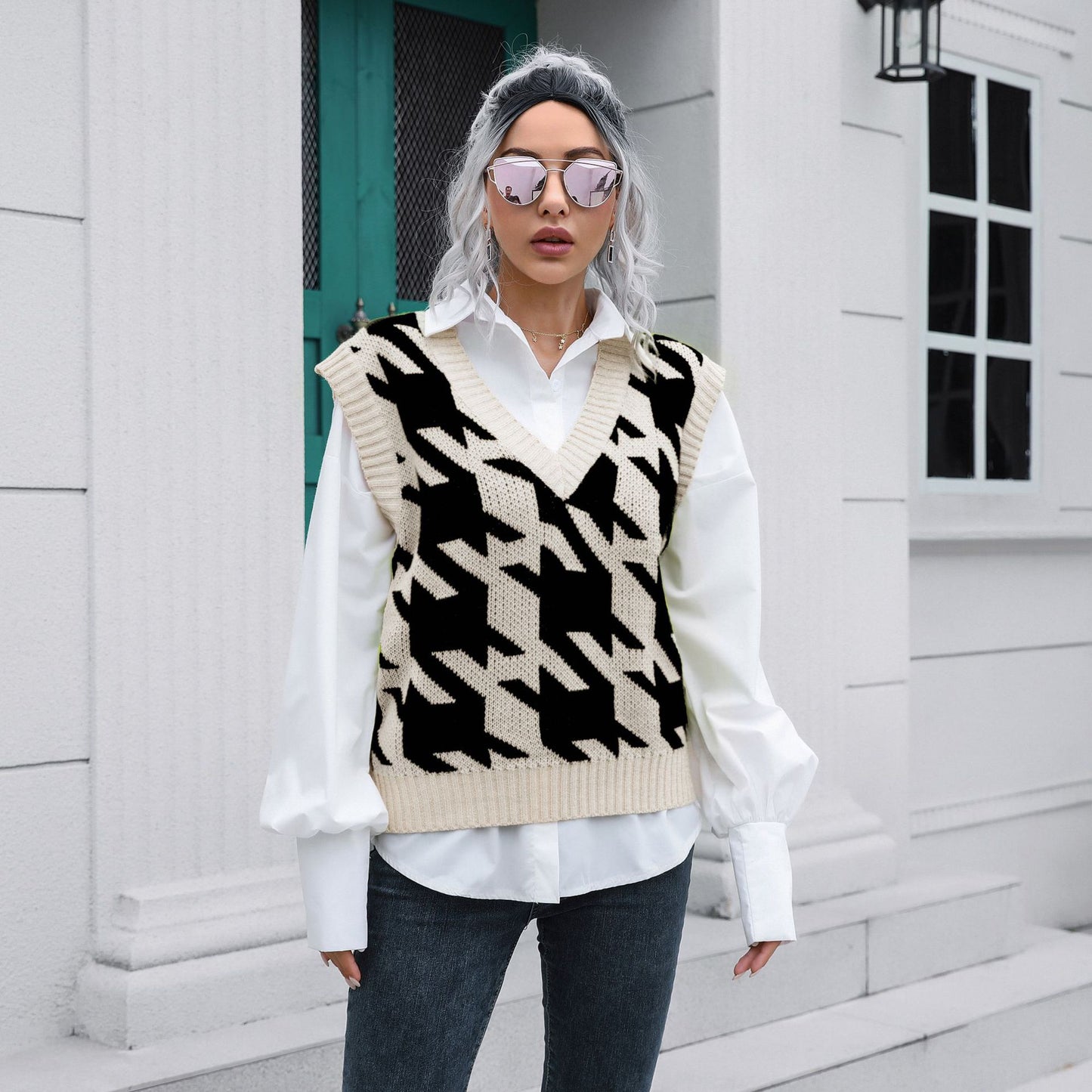 Casual Houndstooth Pattern Sweater Vest