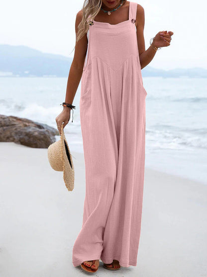 Ethnic Style Summer Solid Color Wide Leg Jumpsuit