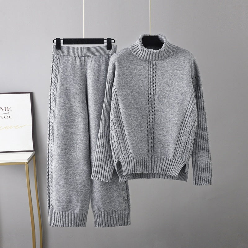 Two Pieces Casual Knitted Sweater Wide Bottom Pant Set