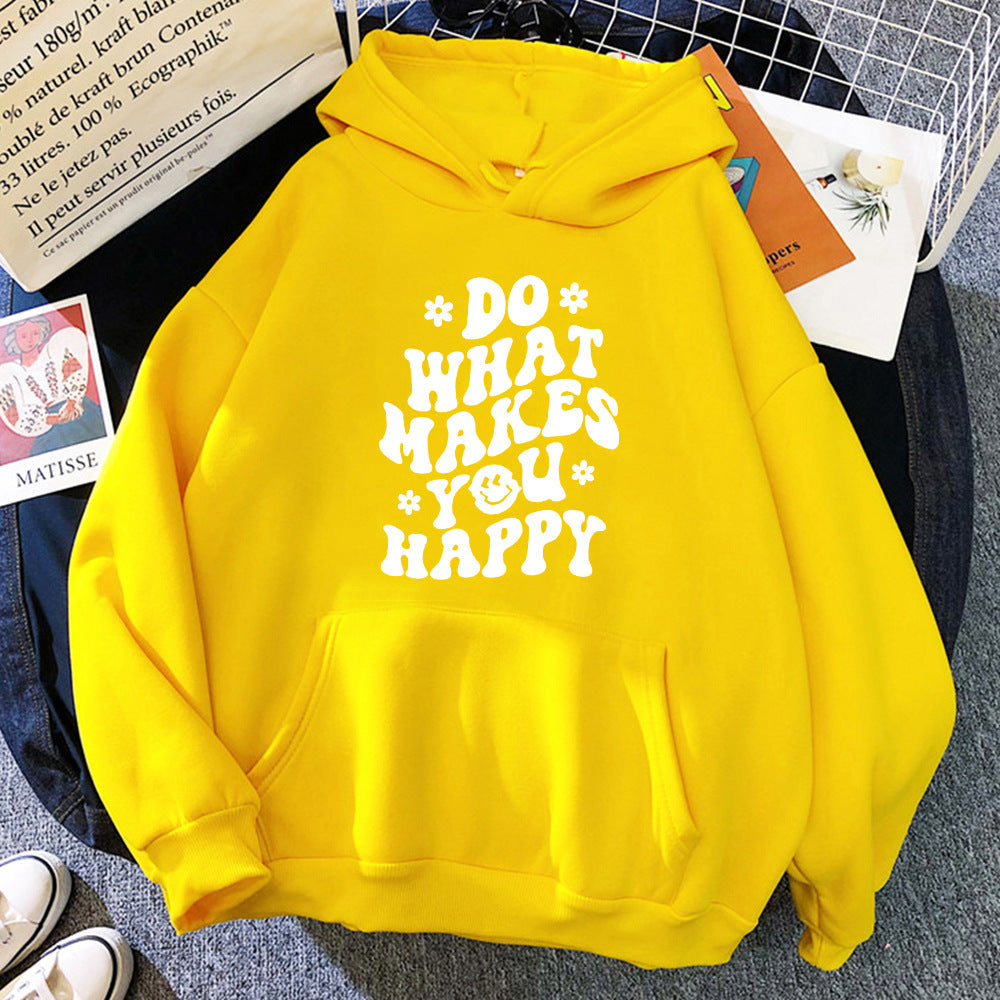 Lässiger Kapuzenpullover mit Aufdruck „Do What Makes You Happy“.