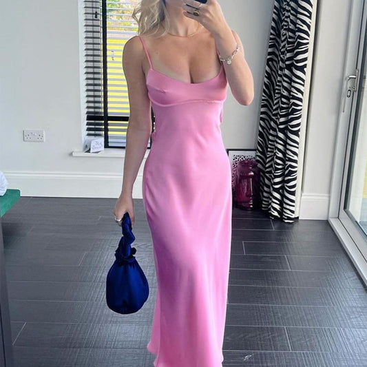 Elegant Sleeveless Satin Long Slip Backless Dress