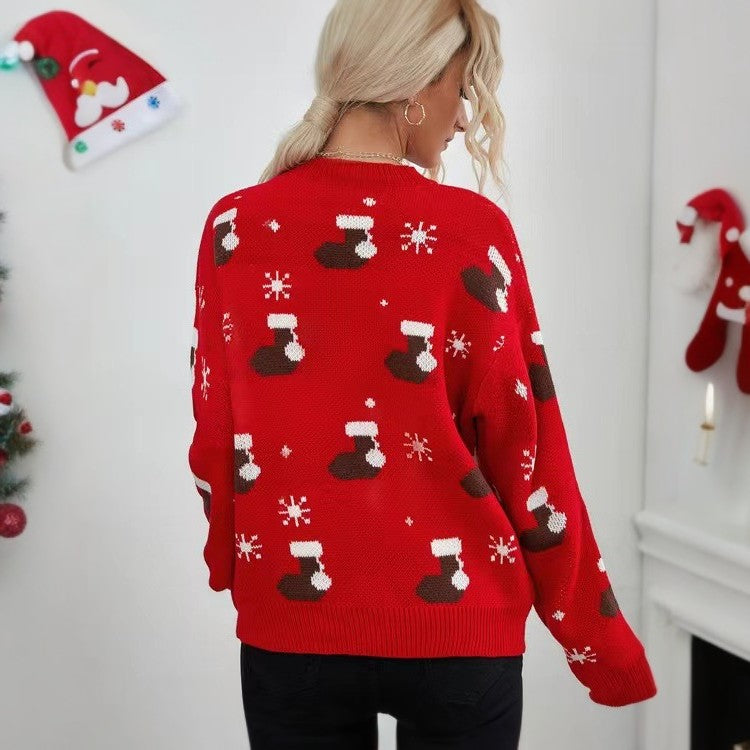 Weihnachtssocken-Hut-Muster-Strickpullover-Pullover