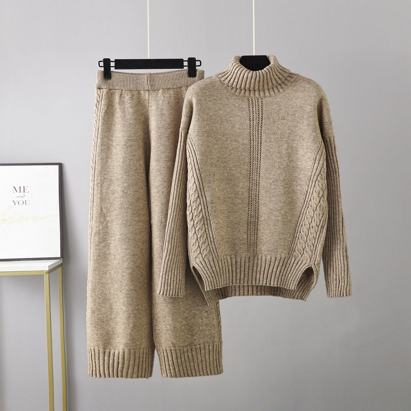 Two Pieces Casual Knitted Sweater Wide Bottom Pant Set