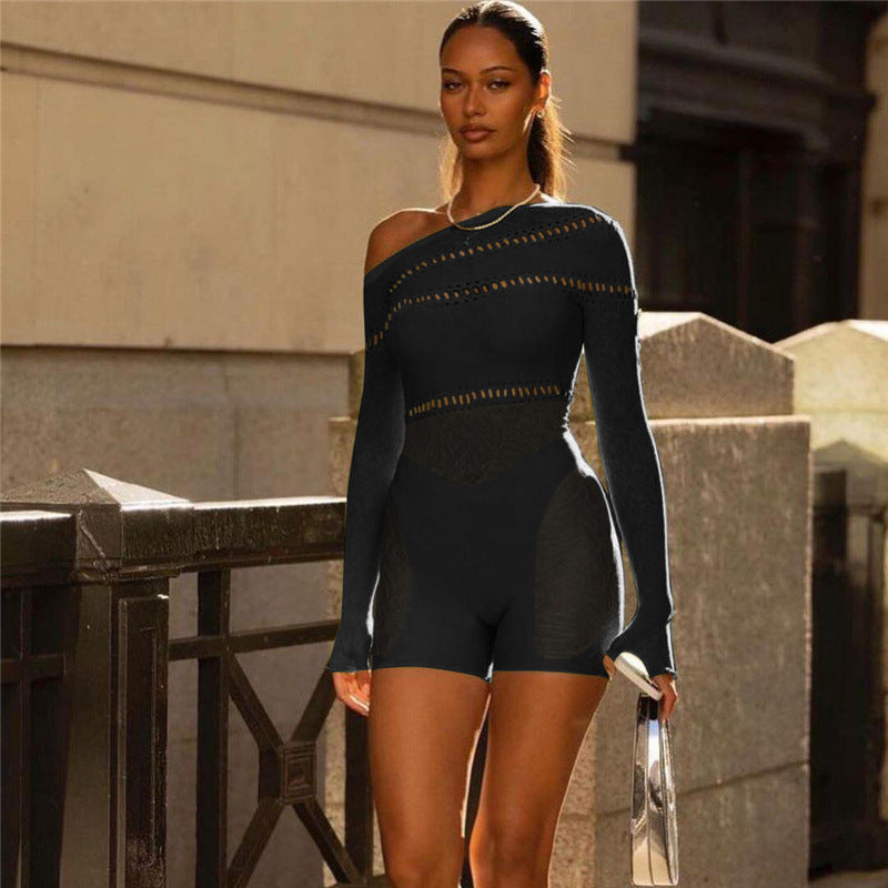 Elegant Jacquard Long Sleeve Fishnet Rompers