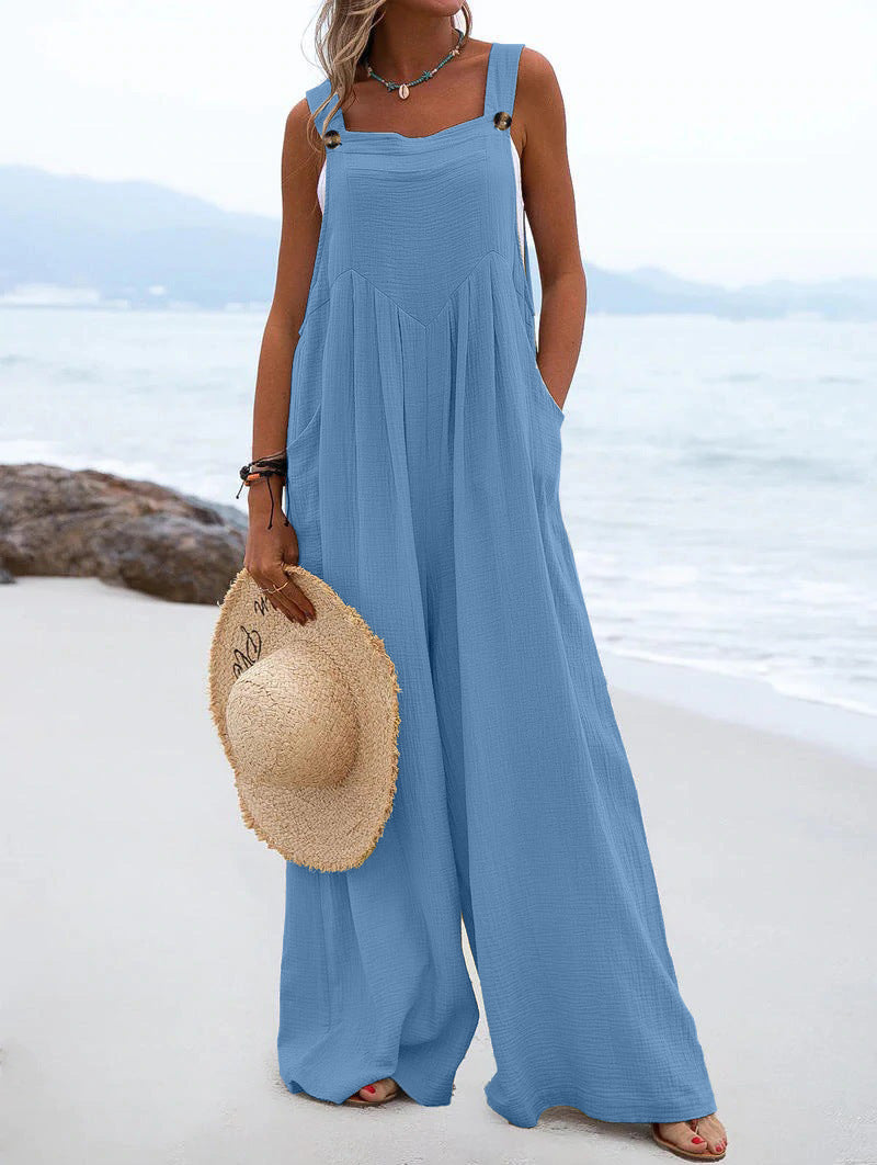 Ethnic Style Summer Solid Color Wide Leg Jumpsuit