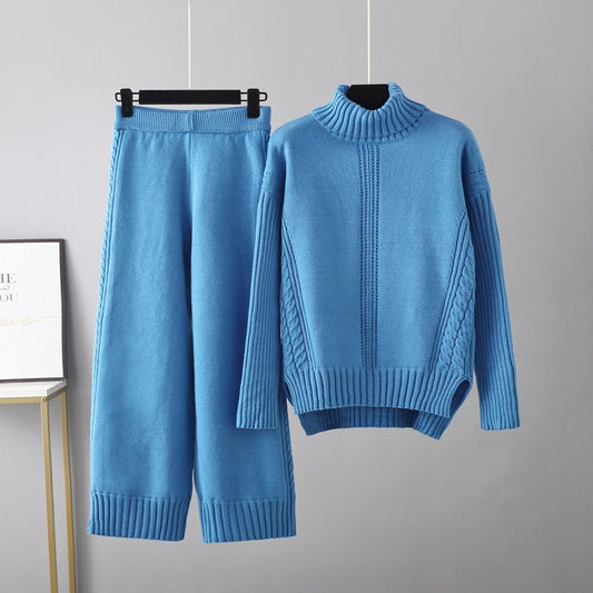 Two Pieces Casual Knitted Sweater Wide Bottom Pant Set