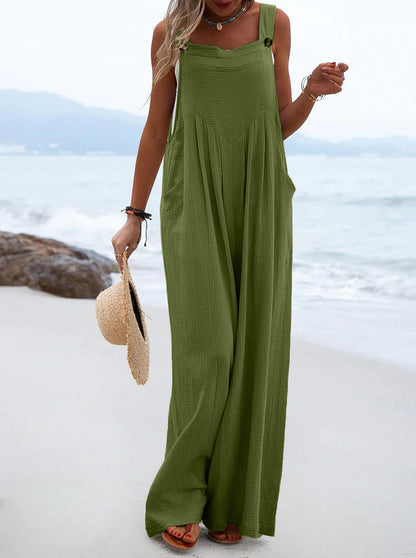 Ethnic Style Summer Solid Color Wide Leg Jumpsuit