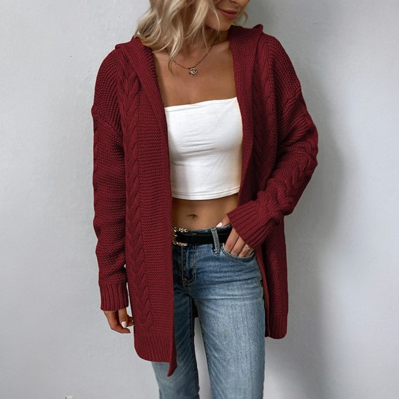 Casual Hooded Twist Pattern Knitwear Cardigan