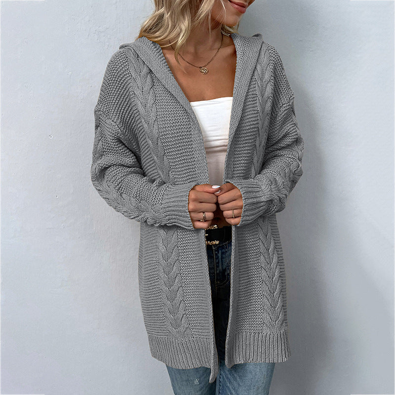 Casual Hooded Twist Pattern Knitwear Cardigan