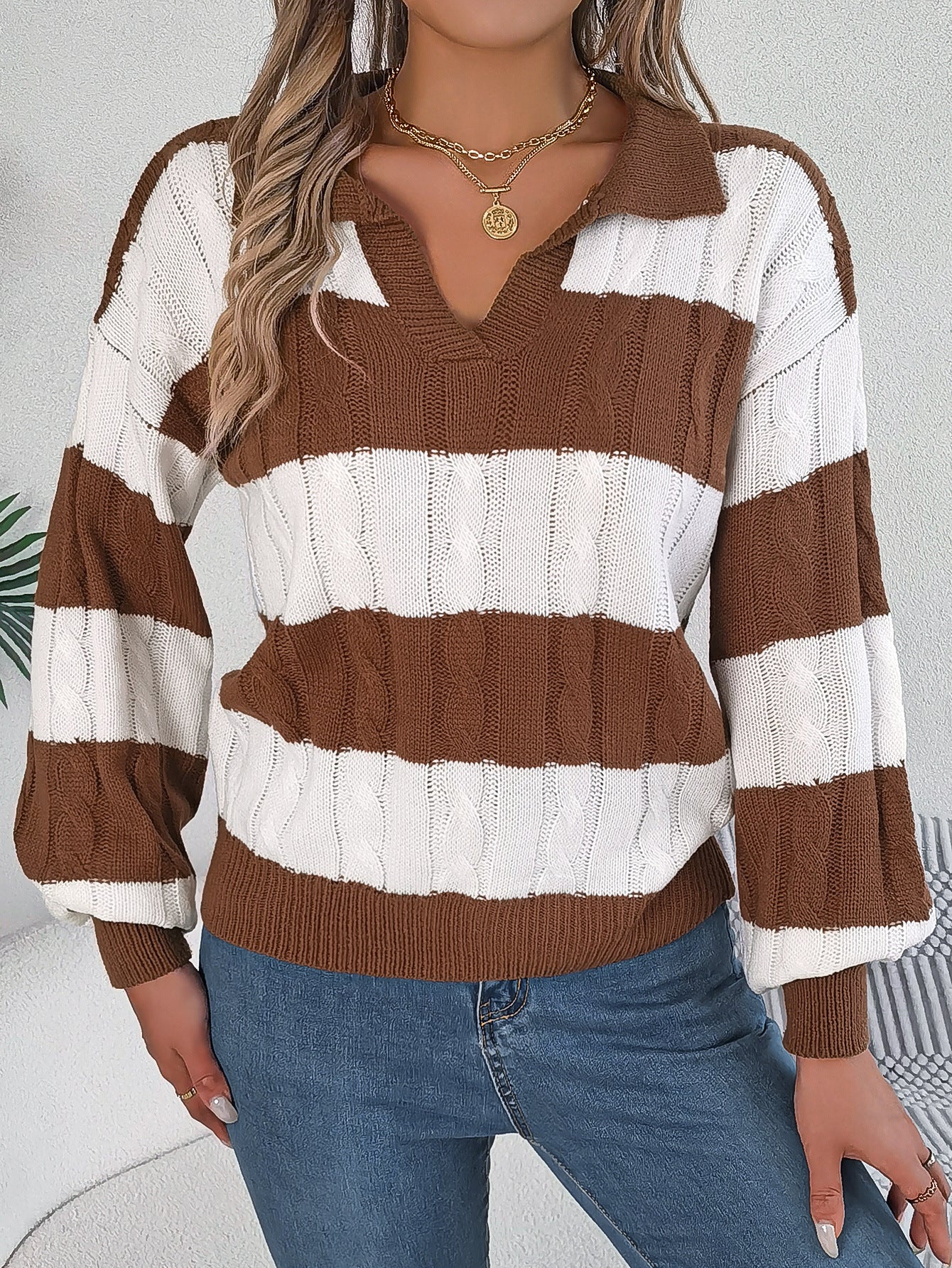 Winter Twist Lantern Striped Casual Pullover Sweater