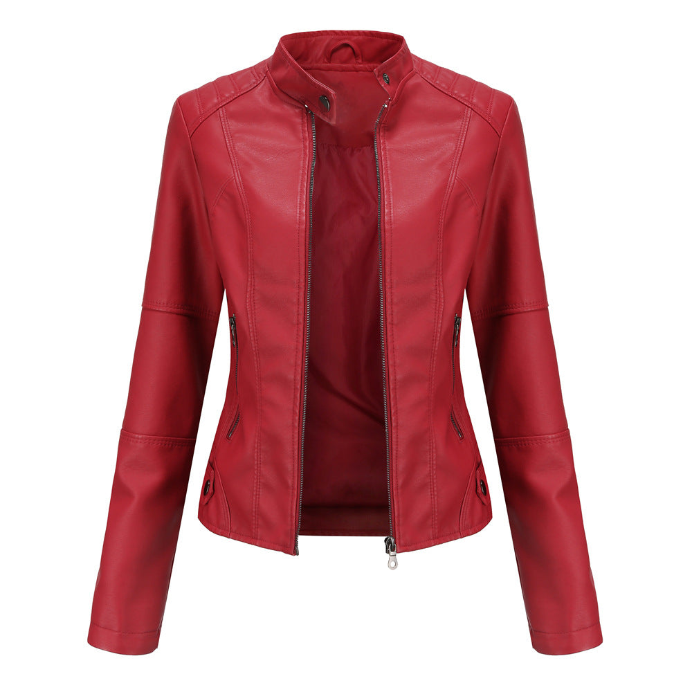 Stand Collar Zipper Leather Jacket Coat