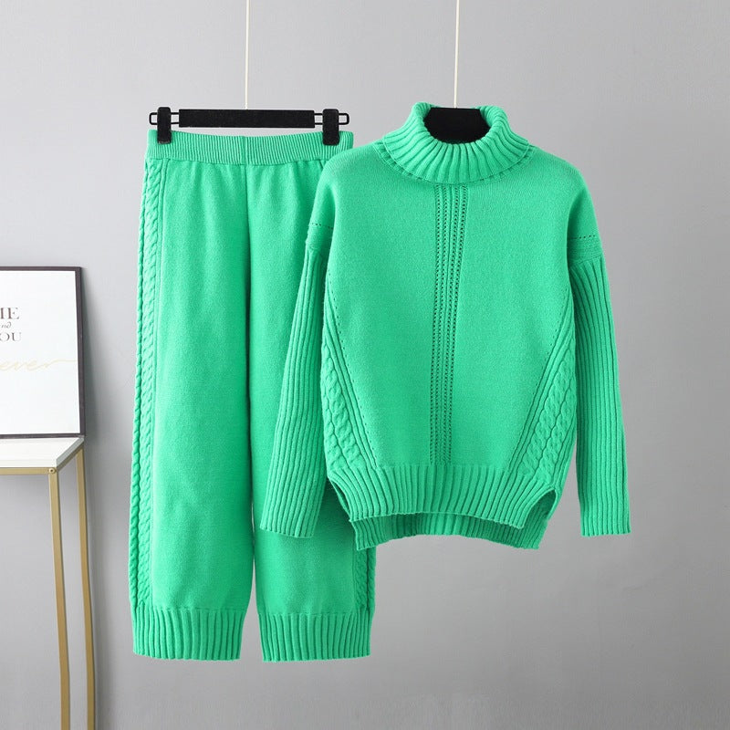 Two Pieces Casual Knitted Sweater Wide Bottom Pant Set