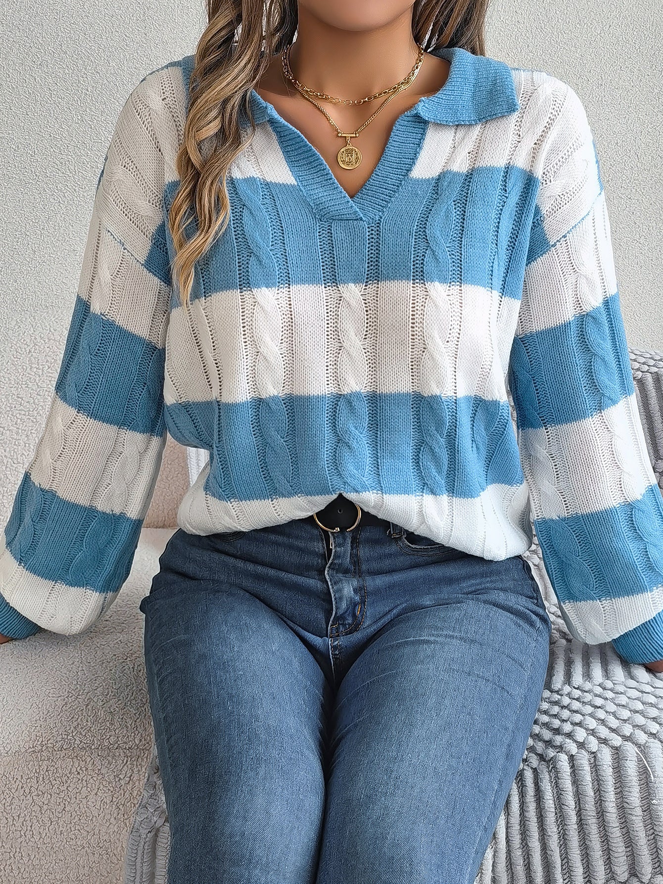 Winter Twist Lantern Striped Casual Pullover Sweater