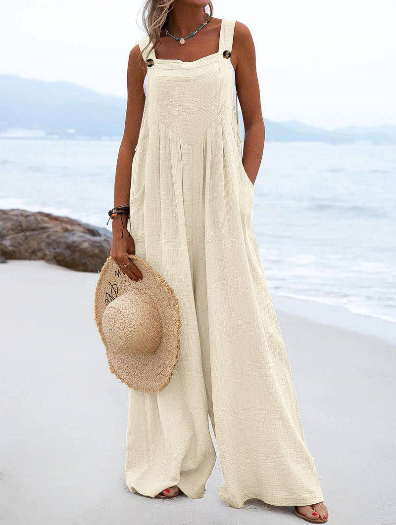 Ethnic Style Summer Solid Color Wide Leg Jumpsuit